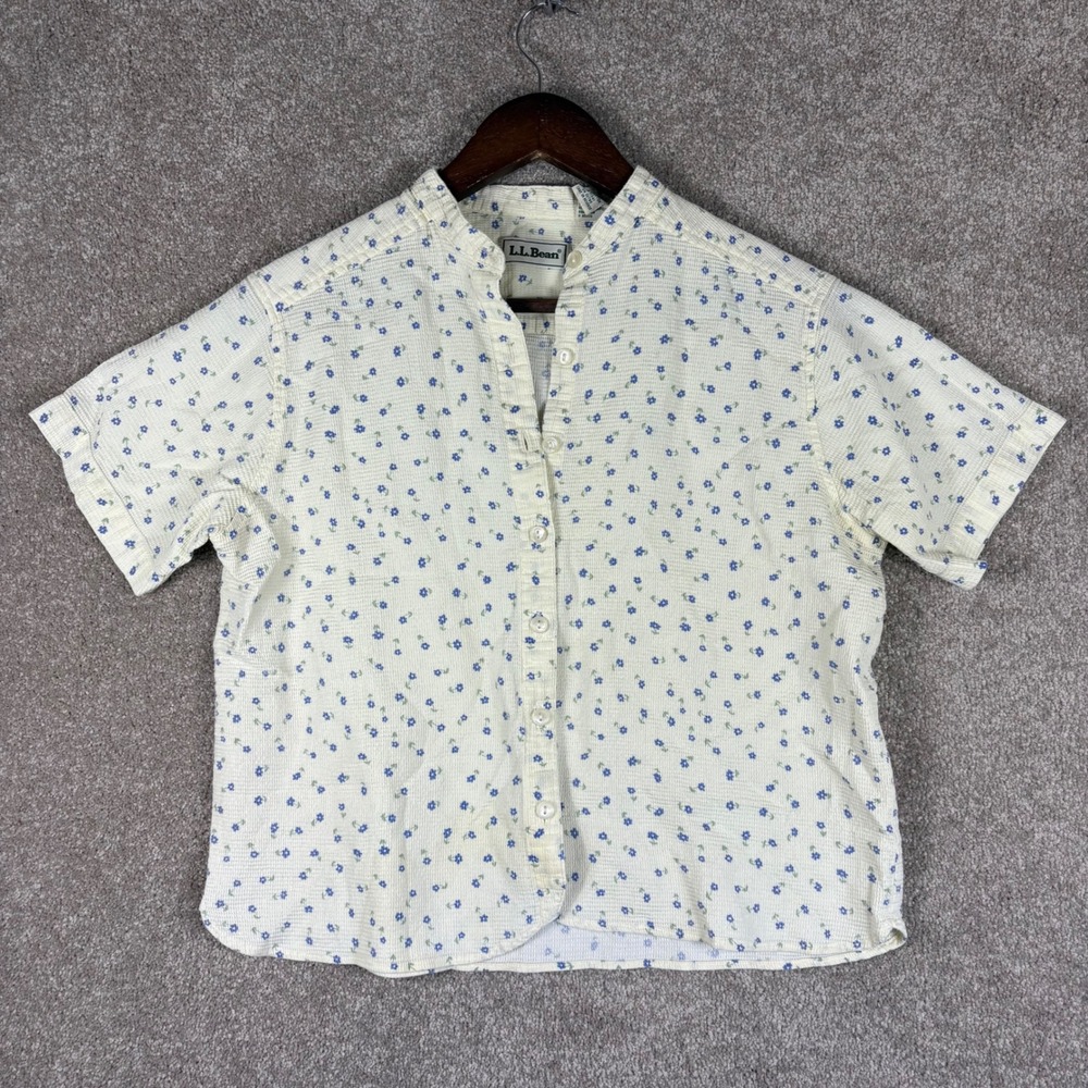 LL Bean Womens Seersucker Floral Button Down Shirt Cream Blue Small 0X995